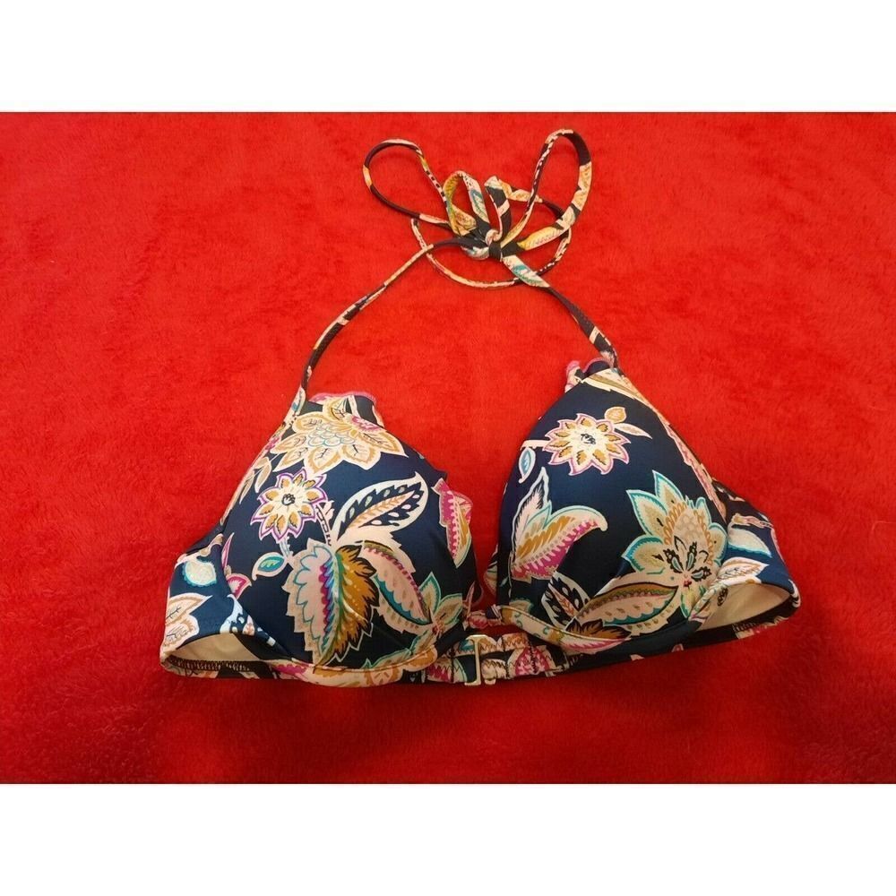 Shade & Shore 34B Blue Pink Gold Halter Ruffle Bikini Top Underwire Padded